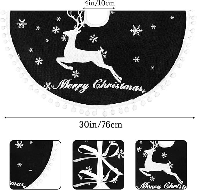 30 Inch Christmas Tree Skirt, Burlap Black Christmas Rustic Tree Skirt with Elk Deer and White Snowflake Printed for Holiday Party Xmas Tree Decoration