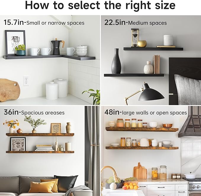 BAYKA Floating Shelves for Wall, 36 inches Long Wall Mounted Rustic Wood Shelves for Bathroom, Bedroom, Living Room, Kitchen, Office, Hanging Shelf for Books/Storage/Decor(Black,Set of 2)