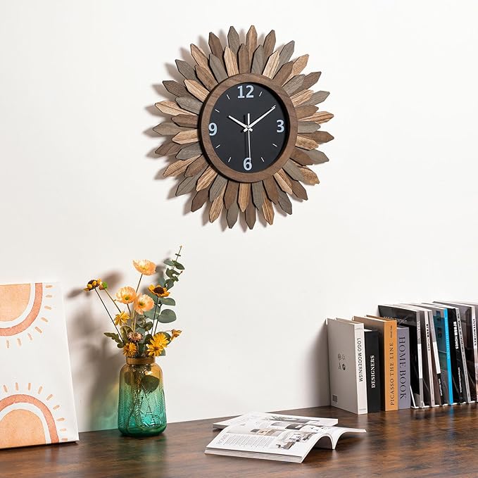 Honiway Large Wall Clock Battery Operated 21 in Rustic Wood Boho Sunburst Decorative Wall Clock Silent Non Ticking Farmhouse Wall Clocks for Living Room Bedroom Kitchen Bathroom Decor (Tricolor)