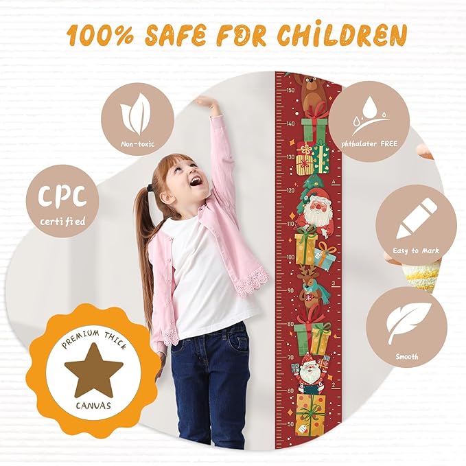 Personalized Name Growth Chart Wall Decor for Kids – Canvas Removable Height Chart Measuring Ruler 59" x 7.9" (Santa Claus Gifts)