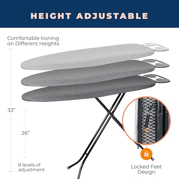 Ironing Board with Iron Rest, Iron Board with 3 Layers Extra Thick Cover, Compact and Space Saver Foldable Ironing Board, Adjustable Height, Easy Storage with Smart Hanger and Lightweight Design