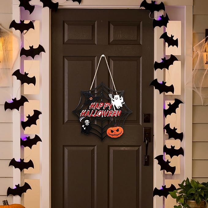 Halloween Party decorations - Welcome Sign for Front Door,Rustic Round Wood Wreaths for Outdoor Outside,Spider Web Garland Porch Ghost Decor for Party Favors Supplies | Halloween Decor for Wall Indoor