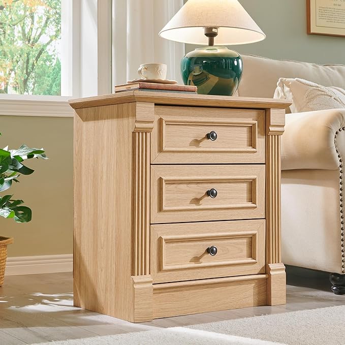 26" Tall Farmhouse Nightstand, 3 Drawers End Table w/Charging Station, 23.6" Wide Large Side Table w/Roman Column, Wood Rustic Sofa Table for Bedroom, Natrual