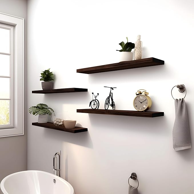 Wood Floating Shelves for Wall Decor, Rustic Wall Shelves for Bedroom Bathroom Kitchen Living Room, Set of 4 Walnut 24 Inch