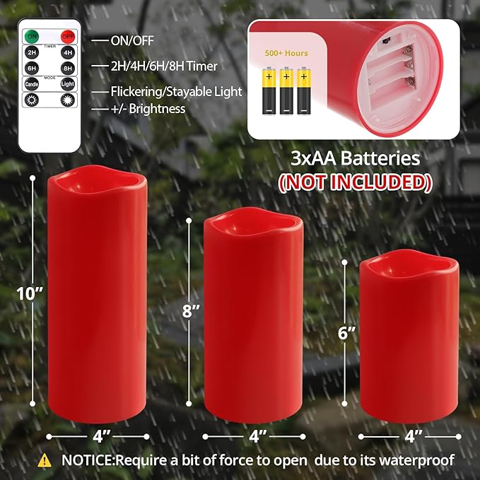 NURADA Large Waterproof Flameless Candles 6" 8" 10" x 4" - Outdoor Indoor LED Pillar Flickering Candle Battery Operated with Timer Remote for Patio Porch Christmas Decor - Red Set of 3
