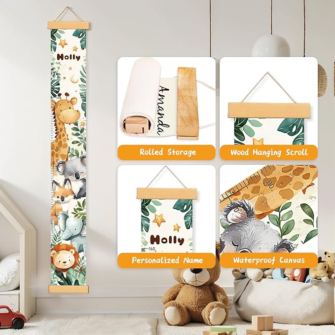 Personalized Name Growth Chart Wall Decor for Kids – Canvas Removable Height Chart Measuring Ruler 59" x 7.9" (Cute Animals)