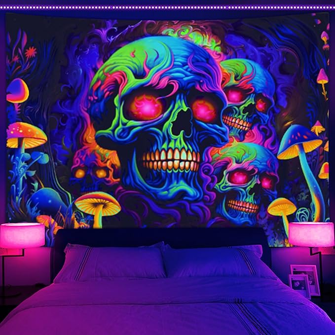 Xiaoput Skull Blacklight Tapestry, UV Reactive Skeleton for Bedroom, Halloween Wall Decor, Aesthetic Living Room Dorm 80x60IN