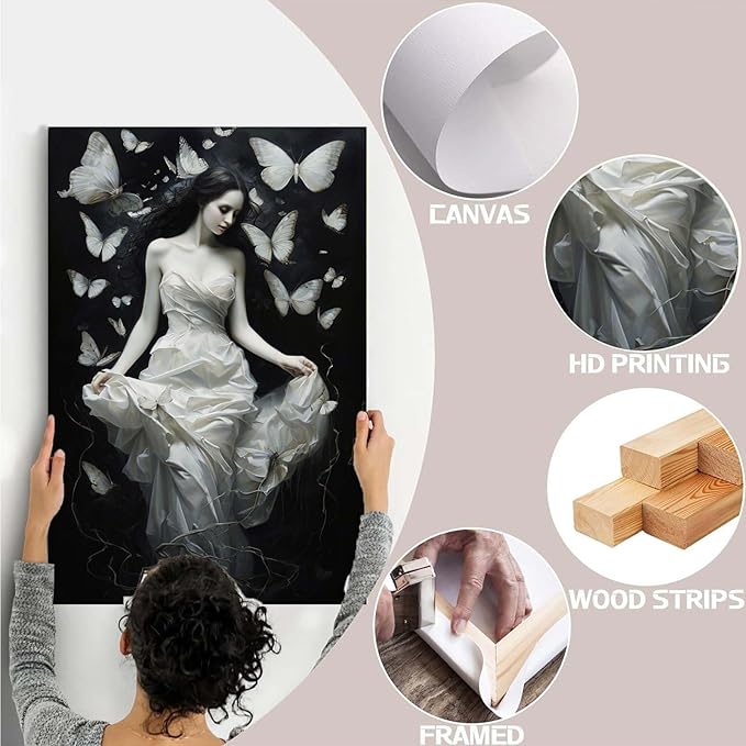 Vintage Gothic Feminine Canvas Wall Art Print Butterfly Poster Moody Preppy Wall Art Dark College Decor for Home Bedroom20x30in Wood Framed