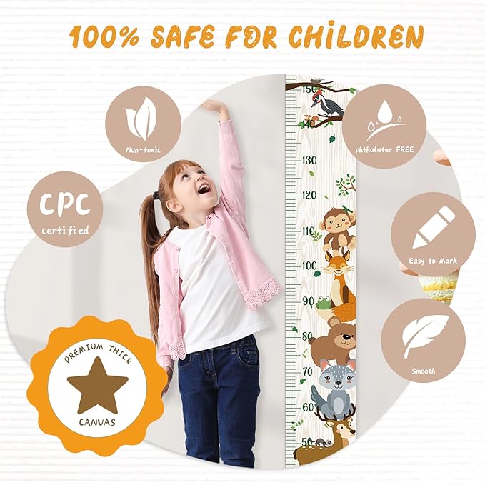 Personalized Name Growth Chart Wall Decor for Kids – Canvas Removable Height Chart Measuring Ruler 59" x 7.9" (Zoo)
