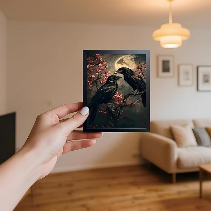 Black Wood Framed Halloween Canvas Wall Art Painting, Vintage Black Crow Cherry Blossom Wall Decor Picture, Dark Academia Gothic Poster Print Photo for Living Room Bedroom Office Decor 8x10 Inch