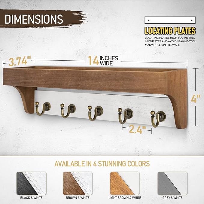 Rebee Vision Key Holder for Wall with Shelf - Farmhouse 2-Color Key Rack with 5 Retro Keys Hooks and Primitive Wood Mail Organizer Wall Mount - Decorative Rustic Home Decor (Brown & White)