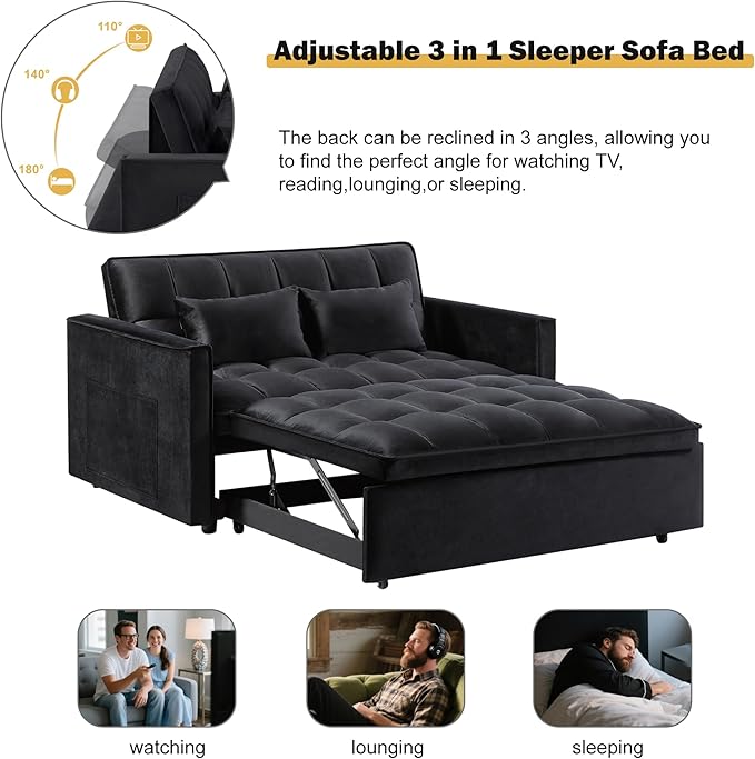 3 in 1 Convertible Sleeper Sofa Bed, Couch with Pull Out Bed with Side Pocket, Convertible Love Seat Sleepers Couch for Living Room, Bedroom, Black