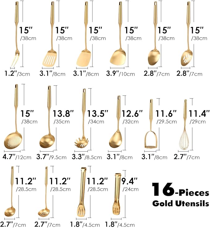 Gold Cooking Utensils Set - 18/10 Stainless Steel Large and Small Spoons Set, 16 PCS All Metal Kitchen Tools, Serving Utensils - Whisk, Masher, Fork, Tongs, Spatula, Ladle, Skimmer, Turner, Pasta