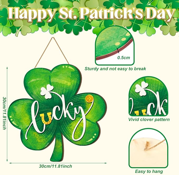 Boao St. Patrick's Day Shamrock Door Hanger Welcome Wooden Hanging Sign Lucky Irish Wood Wreath Decor for Happy St. Patrick's Day Party Front Door Wall Home Decorations