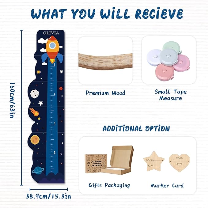 Personalized Name Growth Chart for Wall, Rocket Wood Height Chart for Kids, Height Measurement for Wall, Boy Girls Height Wall Chart Growth Measuring Ruler, Toddler Playroom Decor