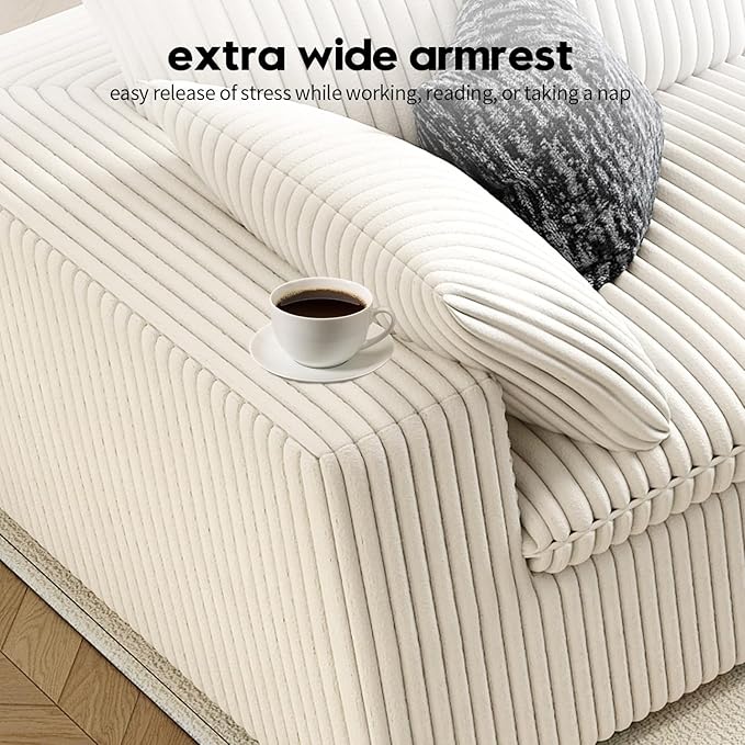118" Cloud Couch Oversized Modular Sectional Sofa for Living Room,Modern Sofa with Deep Seat,V Shaped Boneless Couch,Comfy Upholstered Corduroy Couches for Apartment, Studio, Office,Bedroom,White