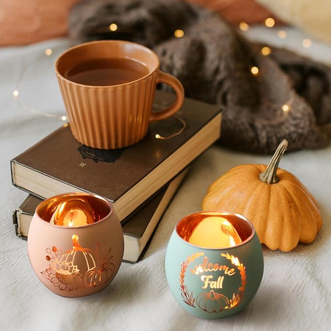 SHMILMH Fall Table Centerpiece Decorations Set of 12 Glass Votive Tealight Candle Holder for Wedding, Party, Thanksgiving, Fall Decor for Indoor and Outdoor