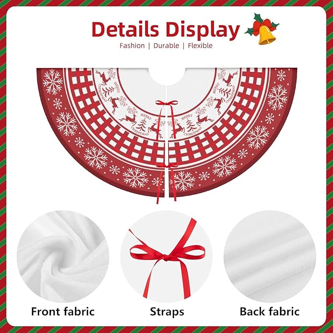 Christmas Tree Skirt, Red Tree Skirts 36 Inch with Snowflake Reindeer Rustic Farmhouse Xmas Tree Skirt Christmas Decorations for Holiday Party Decor Indoor Outdoor (red Snowflake Reindeer, 36 Inch)