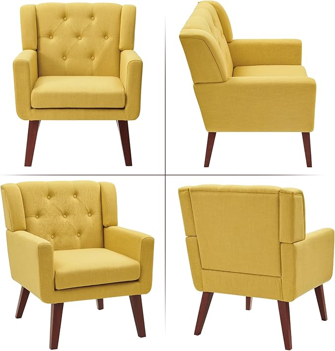 Accent Chair Button-Tufted Upholstered Living Room Chairs Comfy Reading Chair Mid Century Modern Chair with Linen Fabric Lounge Arm Chairs for Living Room Bedroom (Yellow)