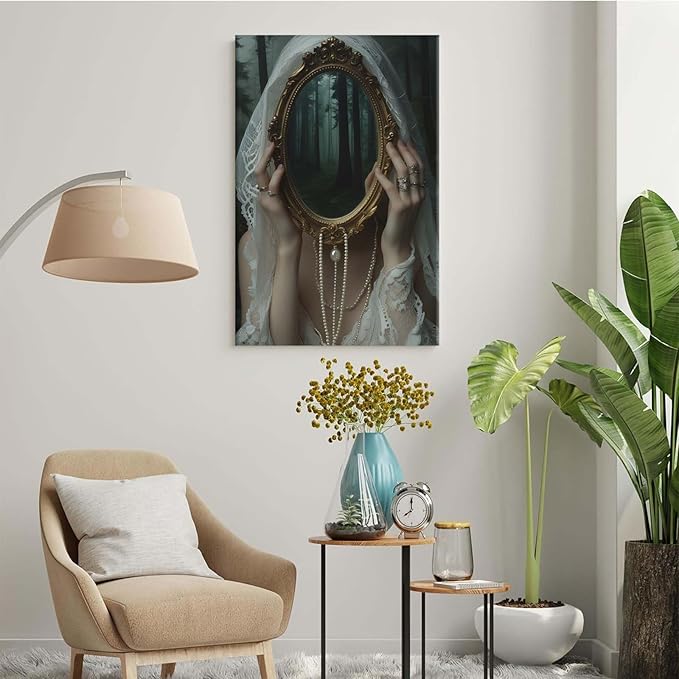 Mirror face covering dark art poster print melancholy gothic painting vintage feminine print victorian style decoration antique art28x40in Wood Framed