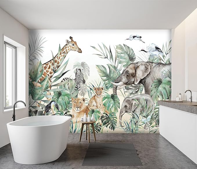 '-Tropical Rainforest Plants Animals Tigers Fabric Wallpaper Jungle Plants Banana Leaves Boys Girls Kindergarten Children Bedroom Large Mural- 160"x108"( not Peel and Stick)