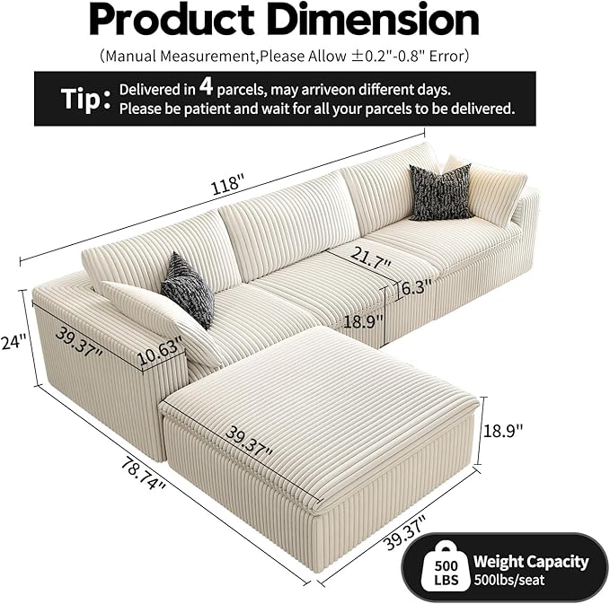 118" Cloud Couch Modular Sectional Sofa for Living Room,Modern Sofa with Deep Seat,L-Shape Boneless Couch with Ottoman,Comfy Upholstered Corduroy Couches for Apartment, Studio, Office,Bedroom,White