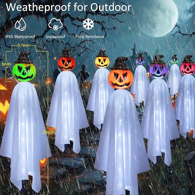Upgraded Pumpkin Ghosts Halloween Decorations Outdoor, 4 Pack Waterproof Solar Ghosts Garden Stake Lights for Front Yard Patio Lawn Pathway Halloween Party Decorations