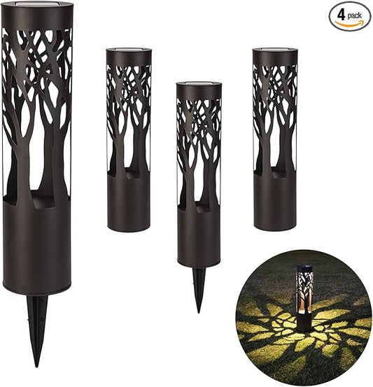 4Pack Solar Pathway Lights Outdoor, Landscape Lighting Dust to Dawn Solar Lights for Garden Decor, Metal Path Lights Solar Powered for Yard Lawn Patio Walkway Warm Yellow