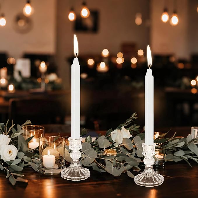 12 Pack Glass Candlestick Holders- Clear Taper Stripe Candle Holders for Candlesticks, 4" H Taper Candle Holders Small Centerpiece for Wedding, Festival, Party & Windowsill Decor