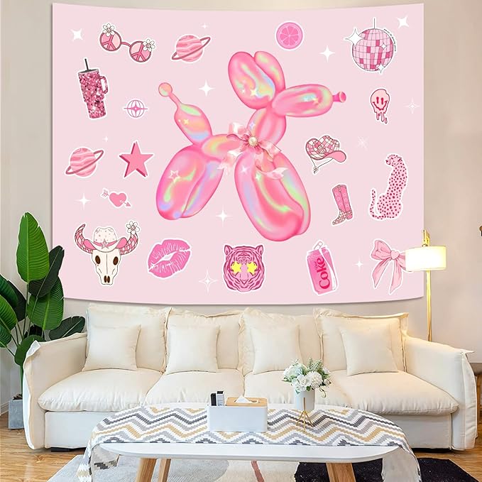 Lunerfex Y2K Tapestry Pink Dog Wall Tapestry, Cute Tapestries for Bedroom Funny Tapestries Wall Hanging for Bedroom Living Room Decor Pink-6 44"x60"