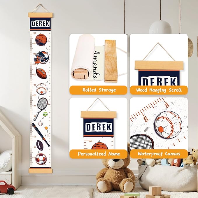Personalized Name Growth Chart Wall Decor for Kids – Canvas Removable Height Chart Measuring Ruler 59" x 7.9" (Balls)