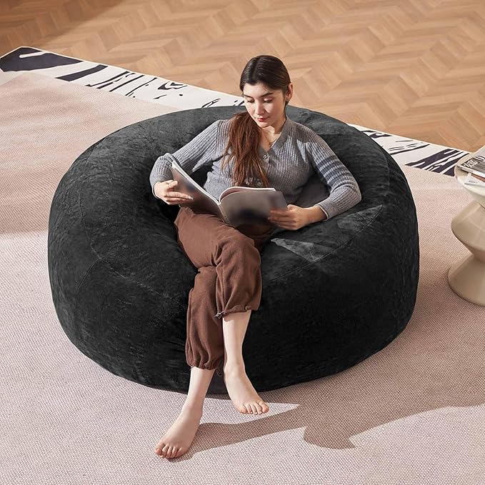 Bean Bag Chair 5Ft, Memory Foam Filled, Large Beanbag Chairs for Adults and Teens, Soft Sofa with Removable Flannel Cover, Round Couch for Living Room Bedroom College Dorm (Black, 5FT-60×60"×24")
