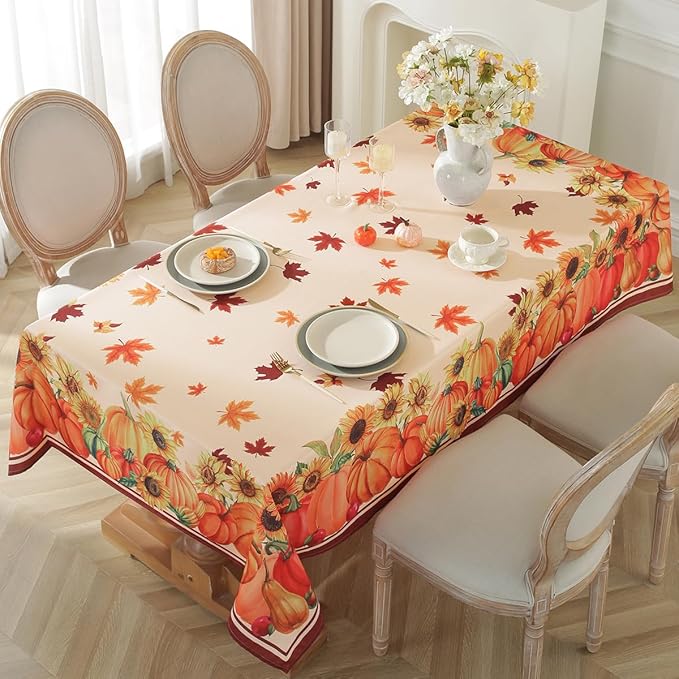 SASTYBALE Fall Tablecloths for Rectangle Tables 52 x 70 Inch Pumpkin Table Cloths with Sunflower & Maple Leaves Washable Spillproof Durable Polyester Table Cover for Thanksgiving, Harvest, Holiday