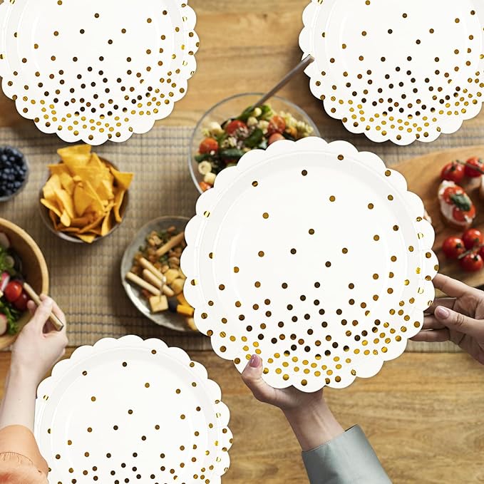 50PCS White and Gold Paper Plates, 7 Inch White Scalloped Party Plates Disposable Dessert Plate Cake Plate for Wedding Engagement Baby Shower Birthday Dinner