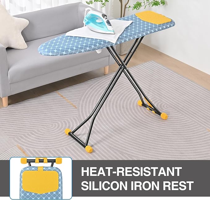APEXCHASER Ironing Board with Iron Rest, Compact and Space Saver Iron Board, Extra Thick Cover, Height Adjustable, Wall Mount & Closet Hanger 13x43 Yellow