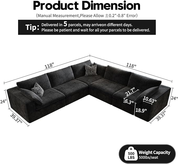 118" Cloud Couch Oversized Modular Sectional Sofa for Living Room,Modern Sofa with Deep Seat,V Shaped Boneless Couch,Comfy Upholstered Corduroy Couches for Apartment, Studio, Office,Bedroom,Black