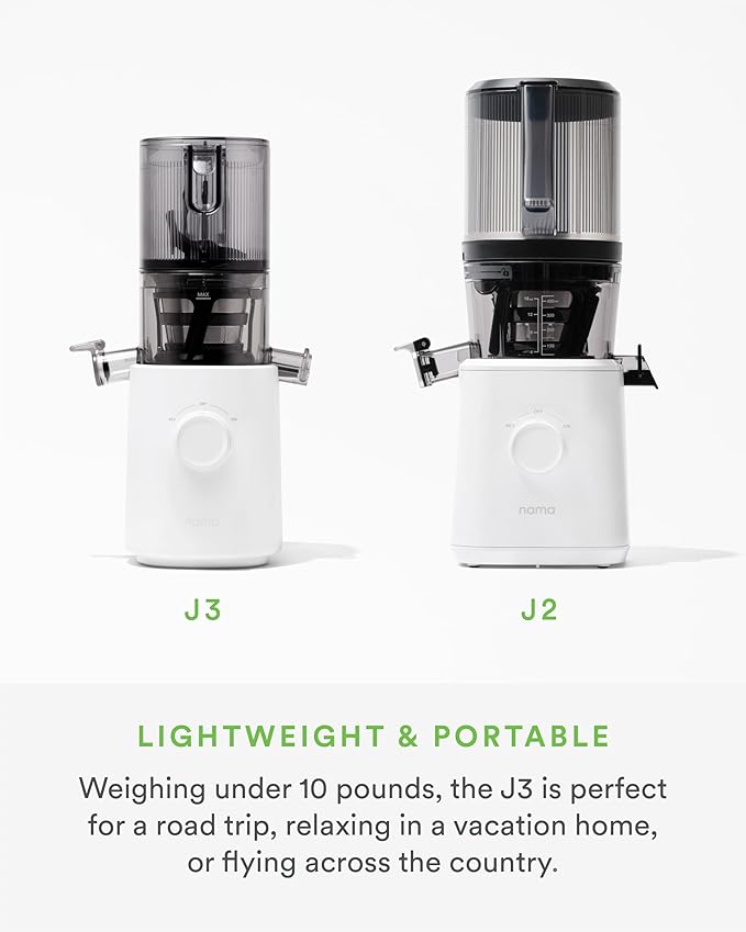 Nama J3 Compact Cold Press Juicer – Space Saving & Self Feeding for Hands-Free Operation – Lightweight, Portable Zero Waste Slow Masticating Juicer – Easy Cleanup & Assembly - White