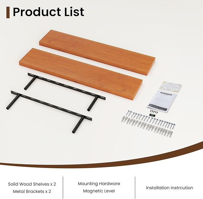 Light Brown Floating Wall Shelves 36 Inches Long x 8”x 1.4” Shelf Floating Rustic Farmhouse Decor, Heavy Duty Shelf Hold 80 lbs, Wall Shelves for Bathroom Living Room Kitchen Bedroom Office