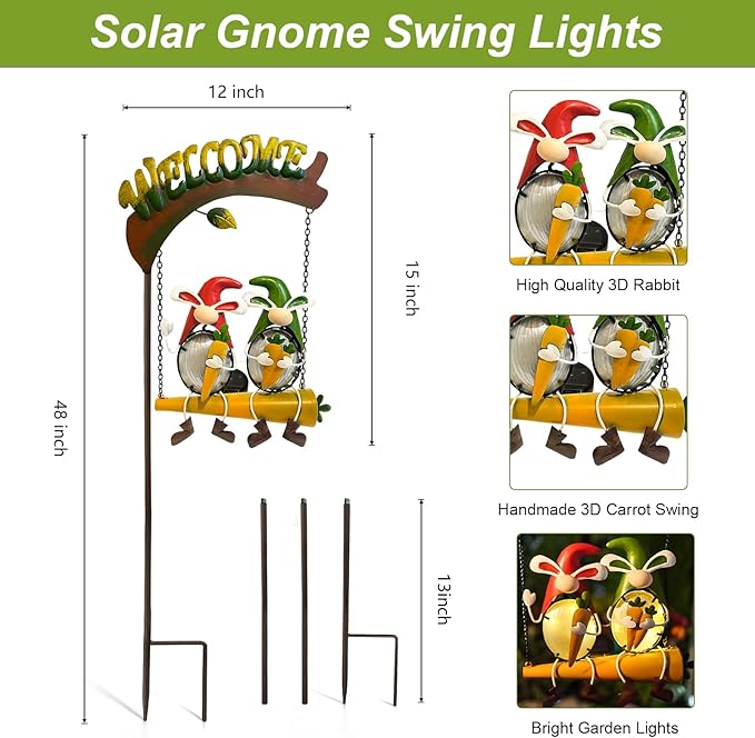 HONGLAND Solar Lights Outdoor Decor, Gnomes Swing Garden Decor, Funny Gardening Gifts for Women Mom, Gnome Outdoor Decorations with Welcome Sign for Front Porch Patio