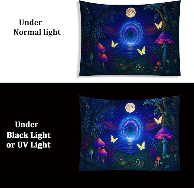 Starlit Patio Glowing Mushrooms Blacklight Tapestry UV Reactive Wall Hanging Psychedelic Portal Butterflies Moonlit Lake for Bedroom Dorm Living Room Fantasy Nature Decor Fluorescent Trippy Poster 78 x 59 Inch