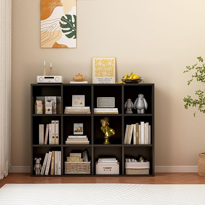12-Cube Storage Shelf Bookcase - Wooden 3-Tier Floor Standing Open Bookshelf for Home and Office, Display Cabinet, Black