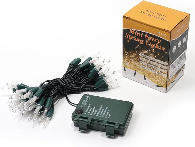 WATERGLIDE 50 LED Outdoor Christmas Lights, 16 FT Battery Operated Mini String Lights with 8 Modes & Timer, Xmas Tree Lights Waterproof for Patio Garden Party Wedding Holiday Decor, Warm White
