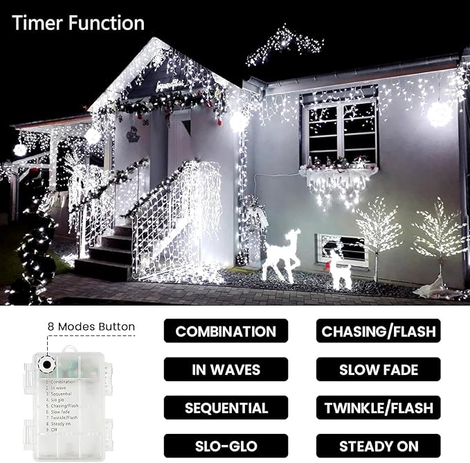4 Pack String Lights Battery Operated with Timer, 66FT 200 LED Waterproof Battery Twinkle Lights, 8 Modes Fairy Light for Indoor & Outdoor Party Bedroom Garland Tree Christmas Decorations (Cool White)