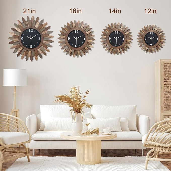 Honiway 16 Inch Wall Clocks, Rustic Wood Boho Sunburst Decorative Wall Clock Battery Operated Silent Non Ticking Farmhouse Large Wall Clocks for Living Room Kitchen Bedroom Home Decor (Tricolor)