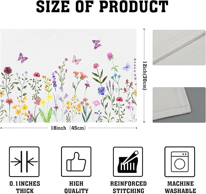 Spring Summer Floral Placemats Set of 4 Spring Easter Wild Flower Butterfly Washable Non-Slip Heat Resistant Place Mats 12x18 Inch Linen Table Mats for Kitchen Dining Party Decor