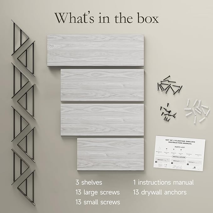 BAYKA Wall Shelves for Bedroom Decor, Floating Wall Shelves for Living Room Kitchen Storage, Wall Mounted Rustic Wood Floating Shelves for Kids Books, Corner Shelf for Bathroom(Gray White,Set of 4)