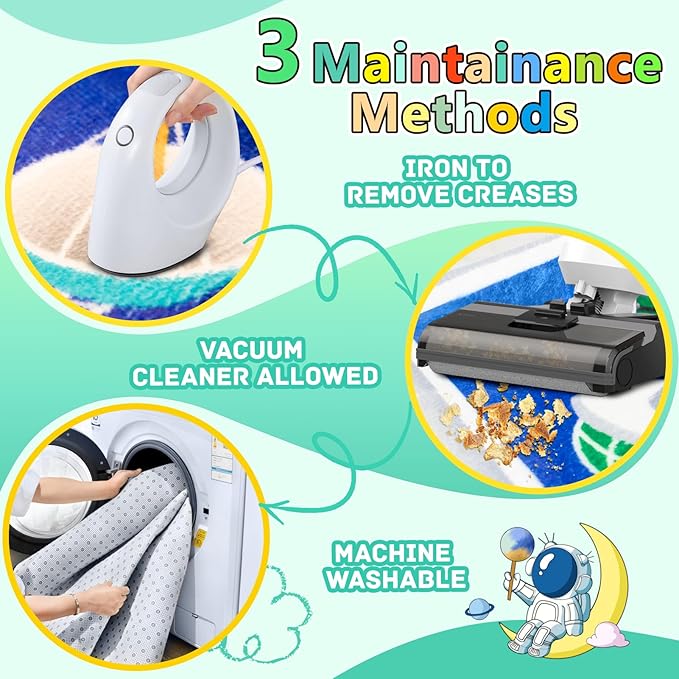 Kids Rug, Space Themed Baby Play Mat, 5x7 Ft Playroom Rug, Colorful Cartoon Outer Space, Planet, Rocket, Spaceship Road Carpet for Playroom, Educational Learning Carpet for Kids Mat