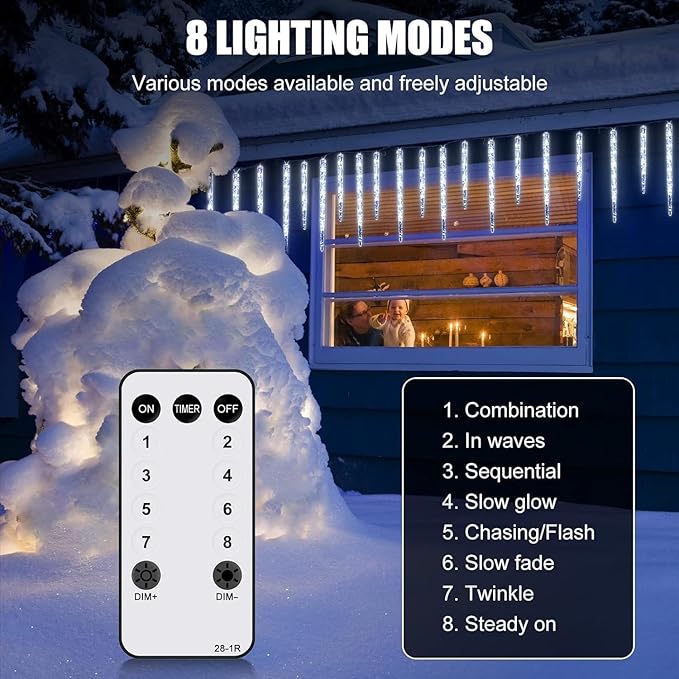 Icicle Lights Outdoor with Remote, 2 Pack Total 40ft 40 Tubes 200 LED Ice Shape String Lights, Connectable Hanging Christmas Decoration Lights for Tree Patio Roof Holiday Decor, Cool White