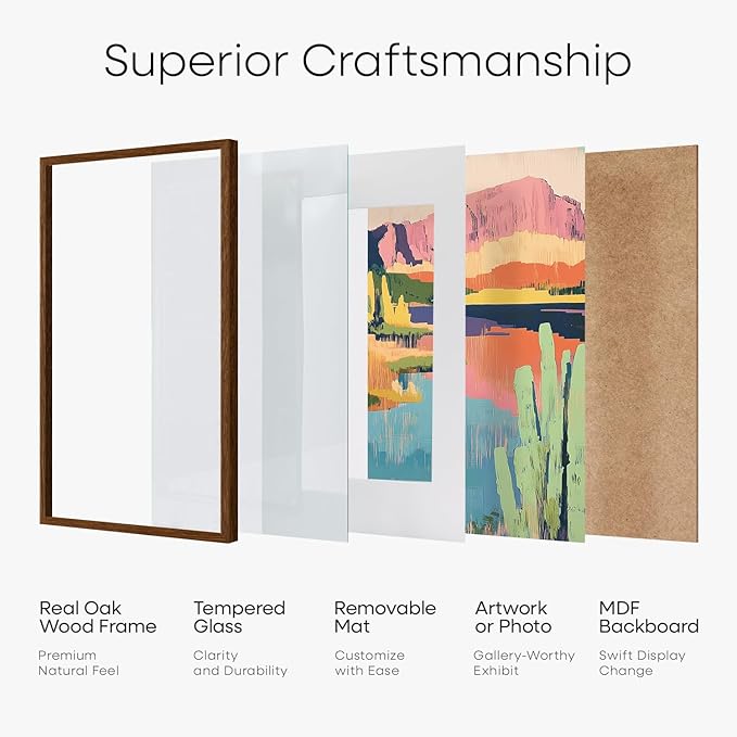 Homeforia 12x16 Picture Frame Brown, High End Dark Oak 12x16 Walnut Wood Poster Frame with Mat 9x12 Print, 12 x 16 Wooden Frame Matted to 9 x 12 Photo, 16x12 Frames, Tempered Glass, Wall Kit, Set of 1