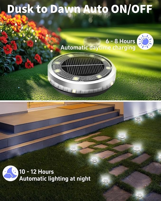 Solar Ground Lights Outdoor 2 Pack Waterproof, Upgraded Solar Garden Lights with 4 Side Light, Stainless Steel Solar Powered Disc Landscape Light for Walkway Pathway Lawn Yard Patio Deck-Cool White
